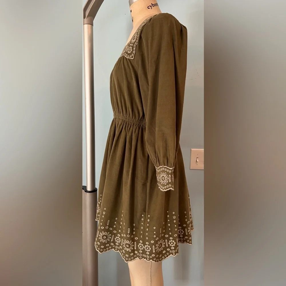 NWT Madewell Embroidered Corduroy Square-Neck Mini Dress - Green - Medium Petite - Picture 8 of 11